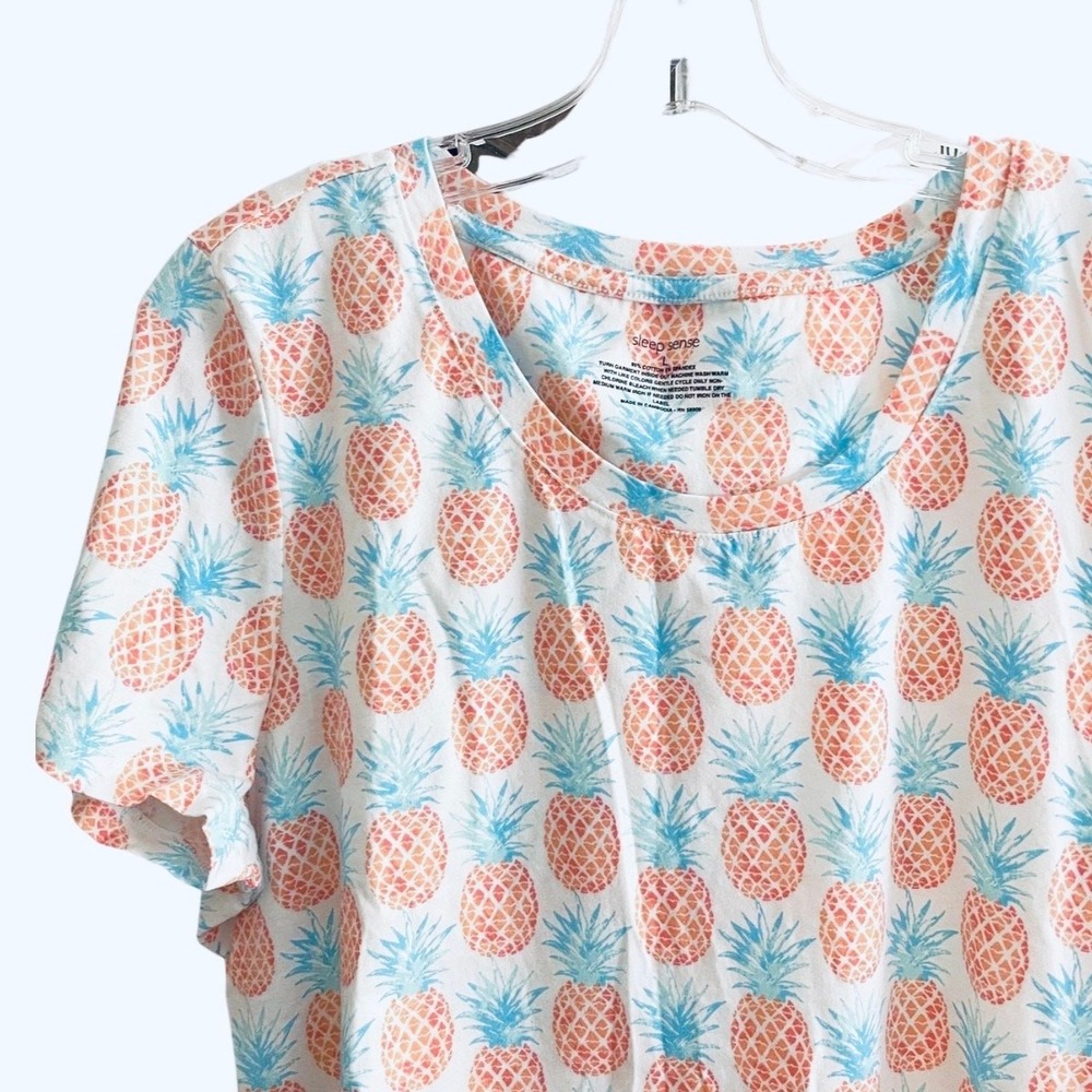 Sleep Sense Women's L Large Sleep PJ Top Short Sleeve Scoop Neck Pineapples Teal - Picture 7 of 10